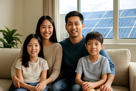 AI generated happy Asian family of four in their eco-friendly living room with solar panels visible through the window. The family looks content and connected, highlighting sustainable livingの素材