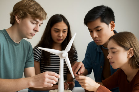 AI generated diverse group of teenagers (Caucasian, Hispanic, and Asian) collaborating to assemble a wind turbine for a school project. The photo showcases teamwork, innovationの素材