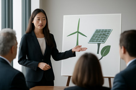 AI generated young Asian woman confidently presenting renewable energy concepts to a corporate board in a modern office. The presentation focuses on sustainable energy such as wind turbinesの素材
