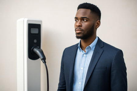 AI generated A confident young Black man in a smart-casual outfit standing next to an electric vehicle charging station. The image evokes a sense of modernity, sustainability, and progressの素材