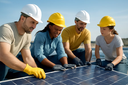 AI generated diverse group of workers installing solar panels on a rooftop under bright sunlight. The team is focused and determined, contributing to renewable energy efforts whileの素材