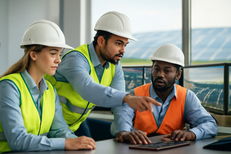 AI generated Diverse team of engineers collaborate in a solar farm control room analyzing data. The image conveys innovation, teamwork, and environmental sustainability in renewable energy.の素材