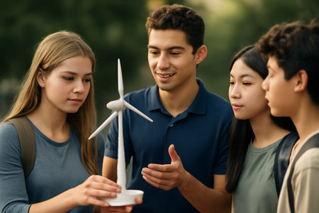 AI generated group of diverse students engaged in learning about wind energy at an outdoor educational event. The scene captures their focus, curiosity, and the natural environmentの素材