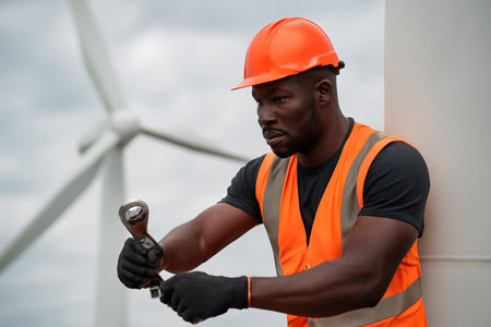 AI generated A Black male wind technician in high visibility gear working on a wind turbine against a cloudy sky. The image captures determination, focus, and strength in the renewable energy industryの素材