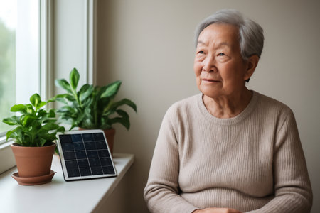 AI generated serene elderly Asian woman sitting peacefully by a window surrounded by potted plants and a small solar panel. The soft daylight highlights her gentle expression, conveying warmthの素材
