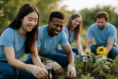 AI generated diverse group of volunteers working in a community garden, planting solar lights among greenery and sunflowers. The scene reflects teamwork, sustainabilityの素材