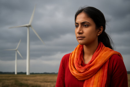 AI generated South Asian woman wearing a vibrant scarf standing near wind turbines with dark clouds in the sky. The photo captures a moment of contemplation serenity with a focus on renewable energy.の素材
