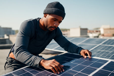 AI generated young African man with a beanie installing solar panels on a sunny urban rooftop. His focus and dedication highlight the shift towards renewable energy and sustainability in modern citiesの素材
