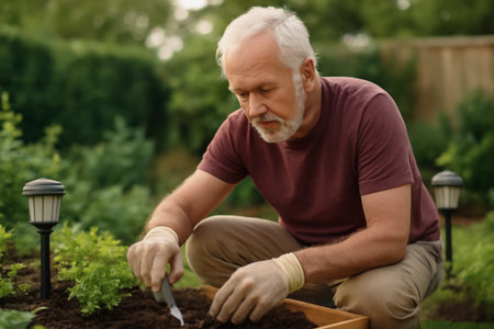 AI generated elderly man gardening in an eco-friendly backyard with solar-powered lighting. A peaceful and sustainable atmosphere, showcasing a serene and fulfilling lifestyle.の素材