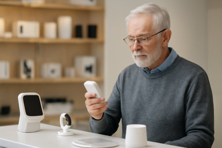 AI generated elderly man exploring modern AI-powered health devices in a tech store. The scene captures curiosity, innovation, and the integration of technology into everyday lifeの素材