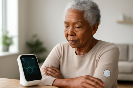 AI generated elderly Black woman with grey hair, calmly monitoring her health using AI technology in a bright modern room. The image evokes feelings of tranquility, health, and advanced technology.の素材