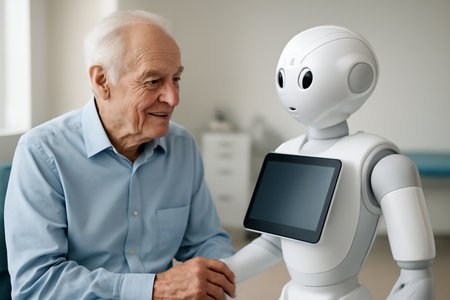 AI generated elderly man smiling and interacting with a humanoid healthcare robot in a modern doctor office. This scene highlights the future of healthcare and technology friendly atmosphere.の素材