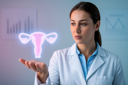 AI generated researcher displaying a glowing hologram of the female reproductive system with soft lighting and fertility charts in the backgroundの素材