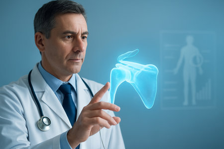 AI generated doctor showing hologram shoulder joint with cool blue tone mobility infographic clean background professional healthcare conceptの素材