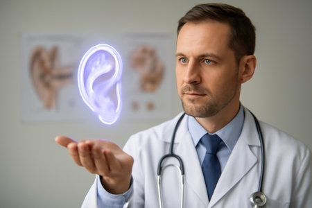 AI generated a professional doctor holding a glowing hologram of a human ear with ENT anatomy charts in the background, showcasing cutting-edge medical technology in a clean, professional setting.の素材