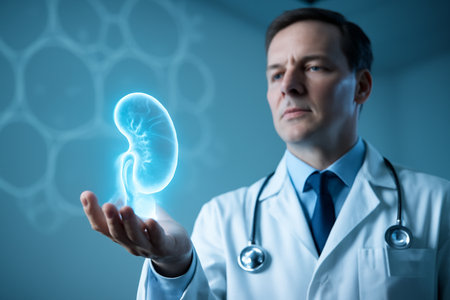 AI generated low angle clinician showing glowing spleen hologram with icy blue light and cell structure mood creating a sense of precision innovation clarity and advanced medical insightの素材