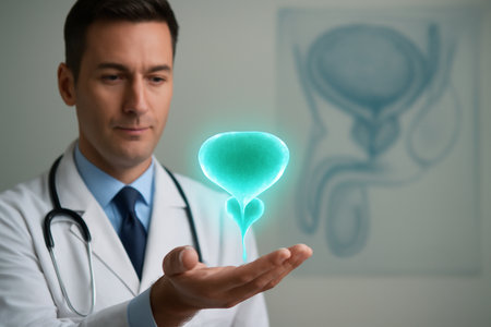AI generated male doctor showing a glowing holographic prostate gland. The doctor is focused on presenting the digital model with anatomical charts in the backgroundの素材