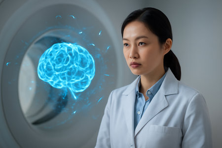 AI generated Korean female radiologist in a futuristic PET scanner room observing a blue holographic brain map with floating neural lines. She exudes calm focus in a clean, professional environment.の素材