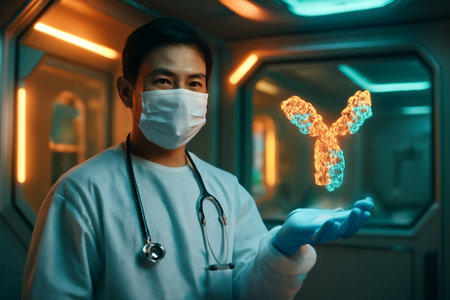 AI generated futuristic Thai male clinician in a sci-fi vaccination chamber, presenting a glowing antibody hologram with amber and teal lighting. The high-tech setting conveys innovation, medicalの素材