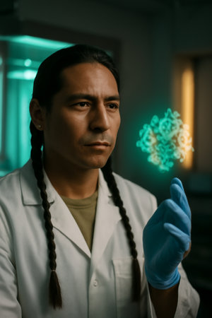 AI generated A focused Native American male biochemist interacts with a glowing holographic enzyme molecule in a high-tech lab. The neon-lit environment emphasizes a sense of innovation and discovery.の素材