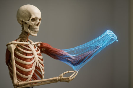 AI generated skeletal muscle station with a holographic tendon elasticity model conveying anatomy science motion and futuristic biomechanical clarityの素材
