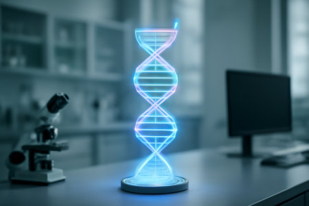 AI generated futuristic DNA hologram in a cutting-edge lab with neon blue and purple colors, symbolizing biotechnology and genetic research. The image evokes innovation, science, and technologicalの素材