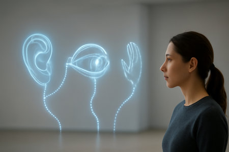 AI generated A sensory-science hologram hall displaying floating models of auditory visual and tactile pathways glowing softly in a minimalist space.の素材
