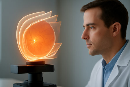 AI generated 3D hologram of retina layers unfolding like glowing paper, shown in a lab with natural light highlighting the scientist focused expression.の素材