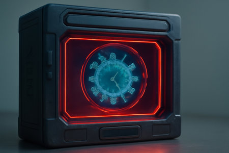 AI generated futuristic virology containment vault with a glowing hologram of a viral capsid. Red neon hazard UI adds intensity. Perfect for science, biotechnology, and health concepts.の素材