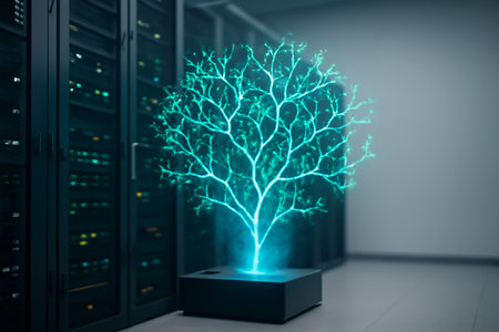 AI generated futuristic bioinformatics data center with a glowing hologram showcasing metabolic pathways like neon trees in a server room. Neon blue and green lights form a tree-like structureの素材