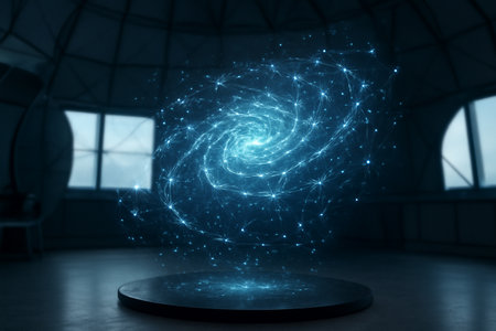 AI generated neural-lattice observatory with a glowing hologram of a neural-network grid expanding like a galaxy. A futuristic and immersive visual representing technology and intelligence.の素材