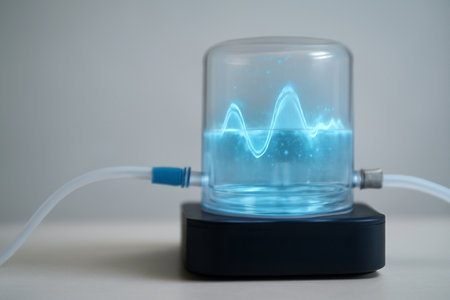 AI generated high-tech cardiac fluid modulator with a glowing hologram depicting vein pressure oscillation in a clear chamber. Sleek design with soft background perfect for medical technologyの素材