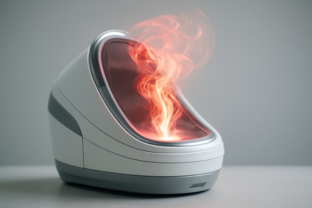 AI generated futuristic medical pod with a holographic blood flow turbulence resembling luminous smoke, showcasing advanced healthcare technology and fluid dynamics in action.の素材