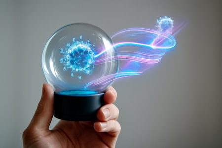 AI generated close-up of a hand holding a transparent sphere displaying a neon-colored hologram of virus evolution with glowing light trails. Ideal for research, science, and technology content.の素材