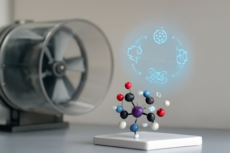 AI generated molecular catalyst wind-tunnel with a hologram enzyme activation cycle. Perfect for scientific research, technology, and innovation themes. Clean and detailed with realisticの素材