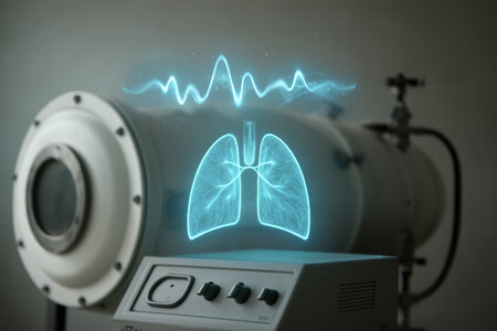 AI generated futuristic lung-pressure observatory with a glowing hologram displaying respiratory wave harmonics. The scene includes a translucent lung model and advanced scientific equipmentの素材