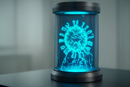 AI generated futuristic virus-tracking chamber with rotating hologram showcasing mutation pathways as neon code. Modern research lab with blue glowing accents and sharp focus on holographic display.の素材