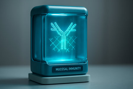 AI generated cyan lit mucosal immunity chamber with hologram antibody lattice floating in soft glow evoking futuristic science calm clarity and abstract medical protectionの素材
