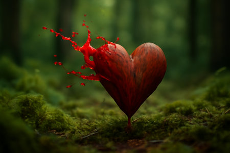 AI generated fantasy forest scene with a heart-shaped wooden object brought to life by flowing red life essence. Surrounded by moss and soft diffused light, symbolizing rebirth and vitalityの素材