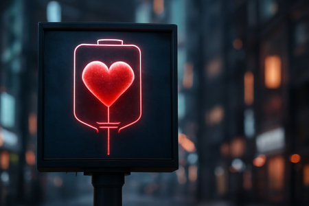 AI generated cyberpunk cityscape with a glowing digital heart on a billboard charging up with donated blood, set in a futuristic neon-lit urban environmentの素材