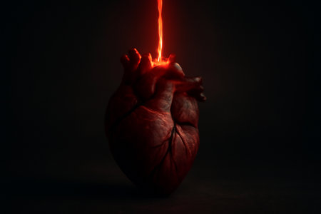 AI generated dramatic chiaroscuro scene of heart in darkness illuminated by glowing blood stream representing life emotions. The striking contrast glowing detail evoke power, mystery, and intensity.の素材