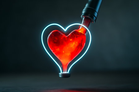 AI generated neon heart hologram filled with bright red energy from a futuristic donation tube floating in a clean minimal scene evoking hope vitality and modern emotionの素材