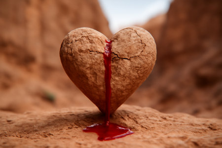 AI generated heart-shaped rock in a desert canyon bleeding red liquid, symbolizing life, energy, and rebirth. The rugged terrain contrasts flowing blood, evoking emotions of renewal and resilience.の素材