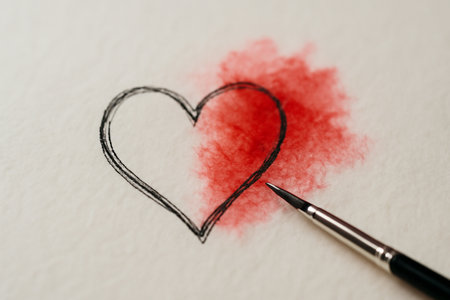 AI generated close-up hand-drawn ink heart with vibrant red watercolor bleeding into it on textured paper, evoking emotion and creativity, ideal for artistic and romantic themesの素材