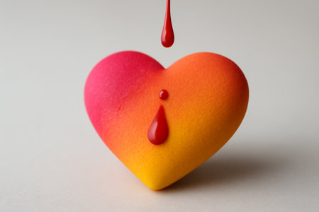 AI generated vibrant pop-art heart that changes color with each drop of blood. The heart gradually shifts from magenta to yellow while red drops fall onto it. This striking image evokes creativityの素材
