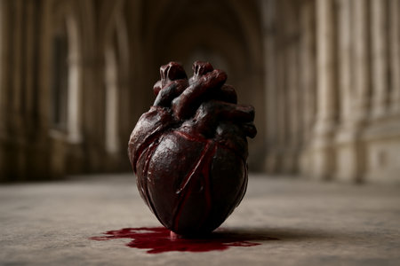 AI generated A dark gothic heart revived by blood on the floor of a cathedral with stone arches and soft lighting. Captivating textures and emotional depth create a haunting atmosphere.の素材