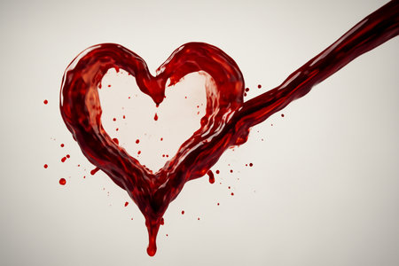 AI generated close up shot of blood entering a heart shape frozen in motion with droplets suspended in air on a neutral backdrop. A striking visual symbolizing passion, emotion, and intensity.の素材