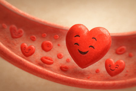 AI generated illustration of cheerful red hearts flowing through a blood vessel with smiling expressions and playful emotions. A close-up, whimsical design with soft lighting and warm tones.の素材