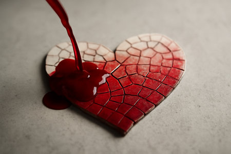 AI generated A close-up of a mosaic heart being filled with red liquid, symbolizing emotions, love, and fragility. The flowing liquid contrasts with the fractured tiles, conveying a sense of healingの素材