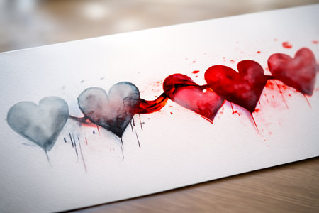 AI generated vibrant watercolor hearts shifting from empty to full with flowing red energy capturing emotion renewal hope and abstract connectionの素材